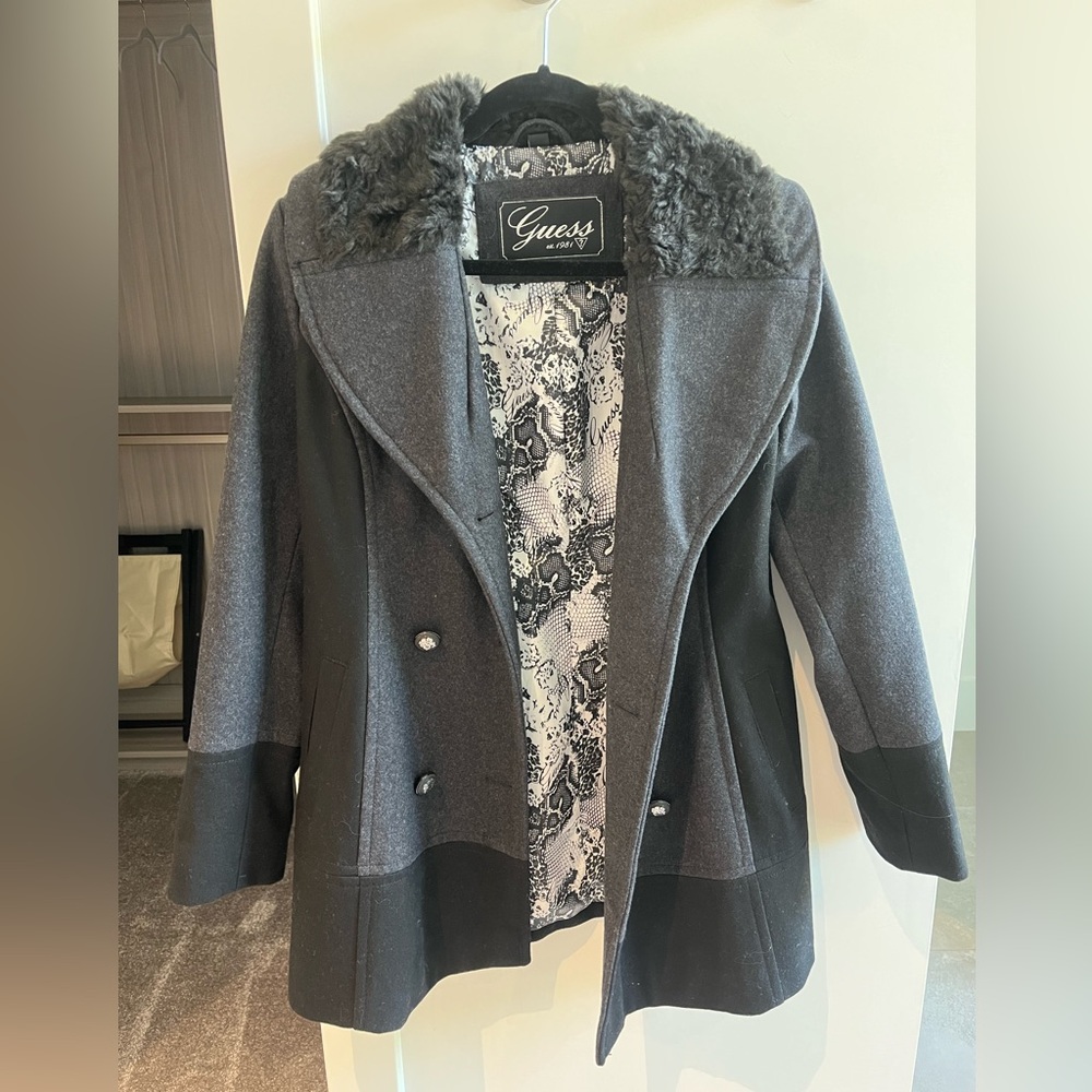 Guess Women's Gray Black Peacoat with Faux Fur Collar